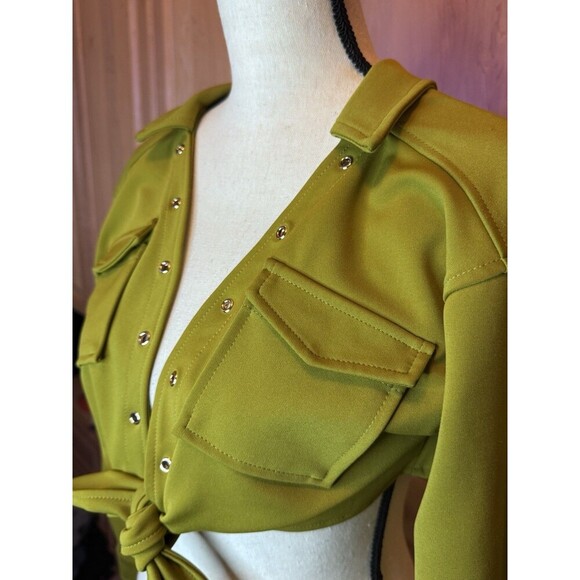 Miss Circle Women’s M Long Sleeve Open Crop Top Tie Front, Pockets, Lime Green - Picture 5 of 11